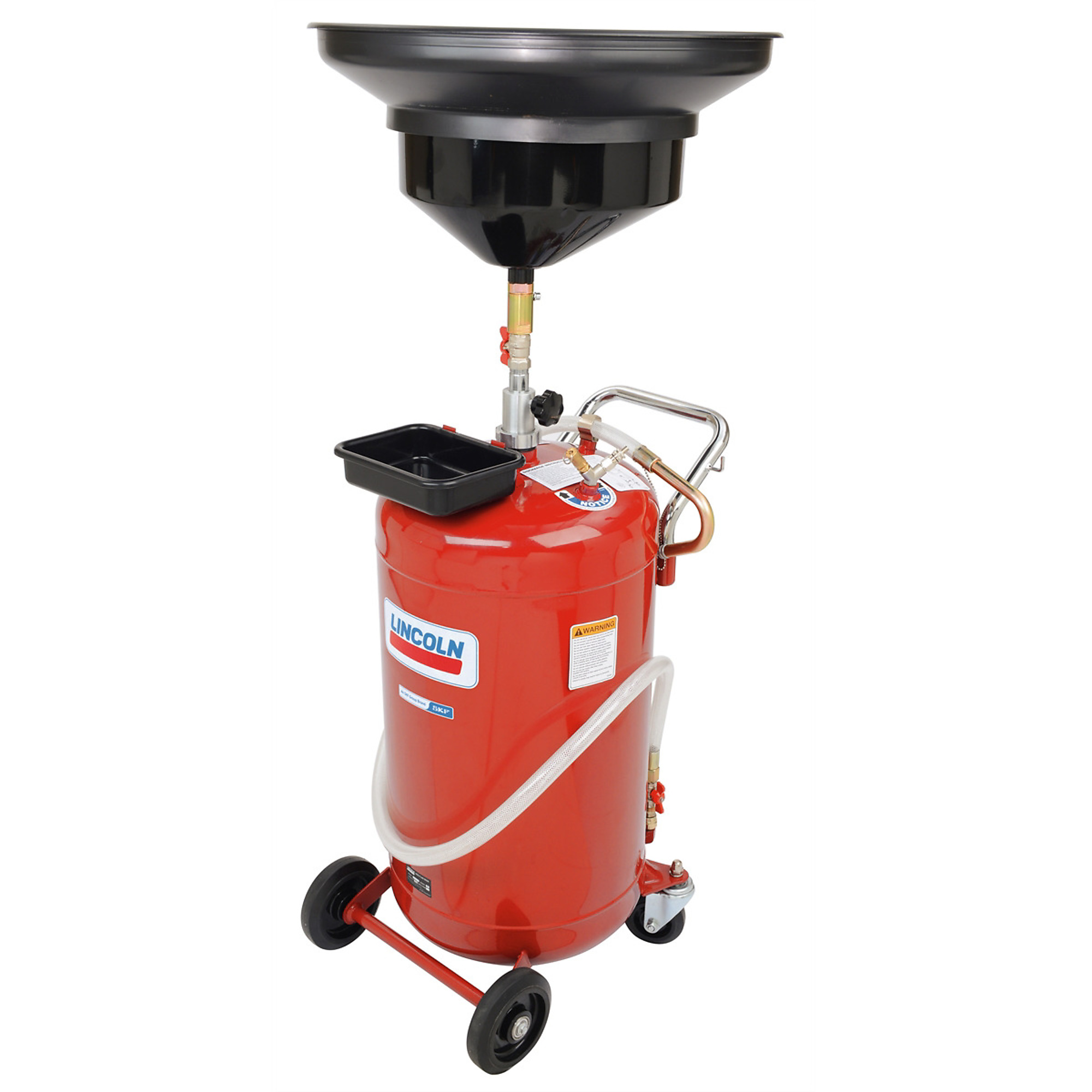 Lincoln Lubrication Pneumatic Pressurized Fluid Drain and Evacuation Tank — 25-Gal. Capacity, 51in.–76in. Adjustable Funnel Height, Heavy-Gauge Steel, 18in. Offset Bowl, Metal Filter Screen, 4in. Swivel Casters, Model# LIN3635
